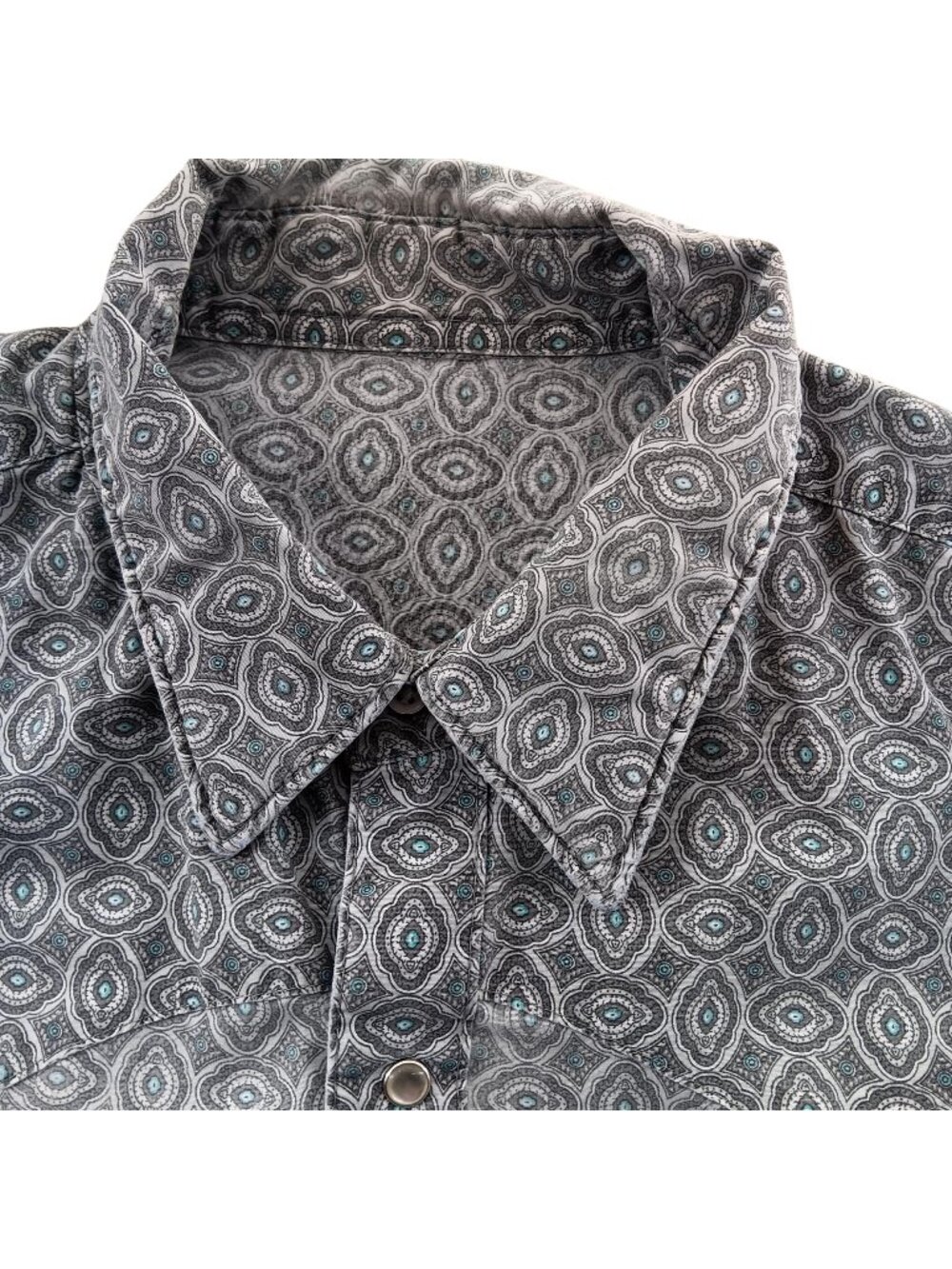 Men's Cowboy Western Shirt XL Vintage 1970's Medallion Print gray/Teal Hippy